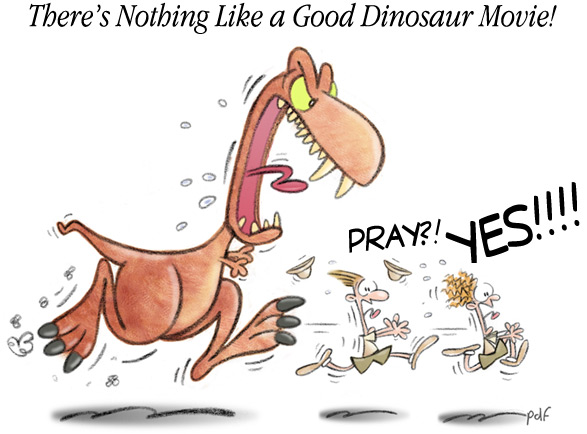 There's Nothing Like a Good Dinosaur Movie! (Illustration - explorers running from a T-Rex. Caption, 