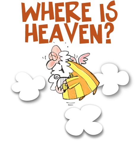 Illustration: Angel floating in the clouds playing a harp. Where is Heaven?