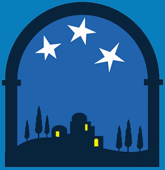 (graphic, a manger scene in starlight)