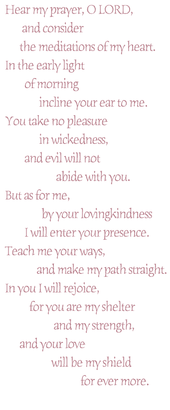 Hear my prayer, O LORD,
and consider the meditations of my heart.
In the early light of morning
incline your ear to me.
You take no pleasure in wickedness,
and evil will not abide with you.
But as for me,
by your lovingkindness
I will enter your presence.
Teach me your ways,
and make my path straight.
In you I will rejoice.
For you are my shelter and my strength,
and your love
will be my shield
for evermore