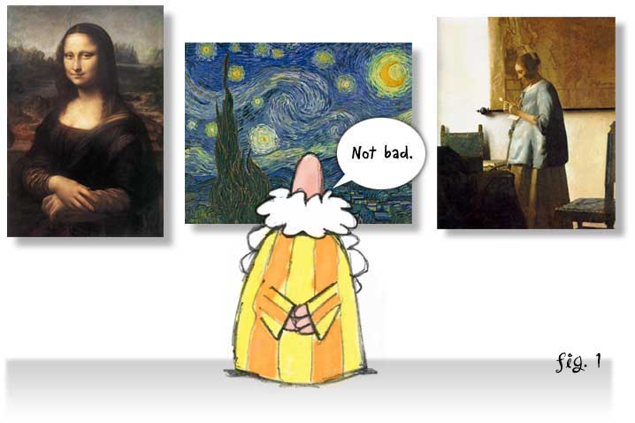(Illustration, masterpieces of art on a museum wall)